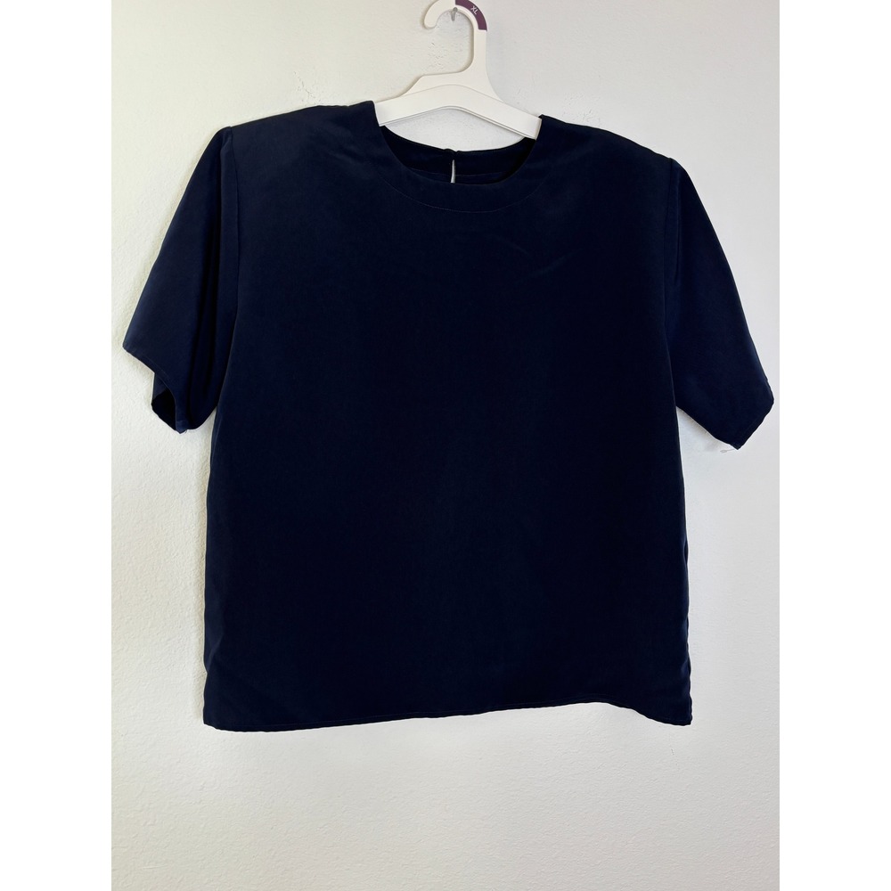Rebecca Malone Navy Blue Short Sleeve Blouse Keyhole Back Padded Shoulder Large
